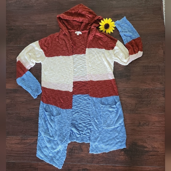 STRIPED OPEN HOODIE CARDIGAN - Picture 4 of 7